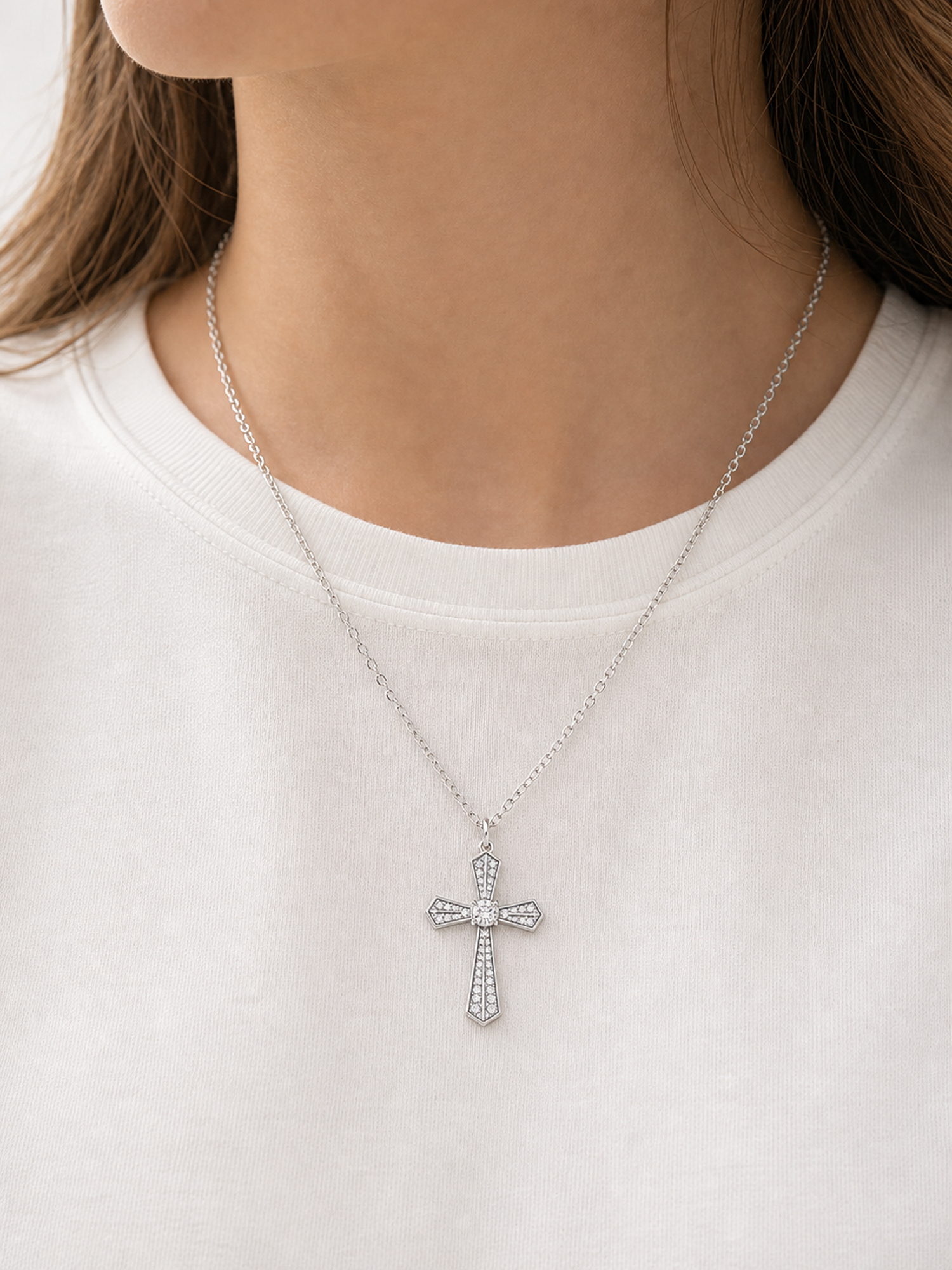 Silver-Tone Crystal Cross Pendant Necklace product photo view 2
