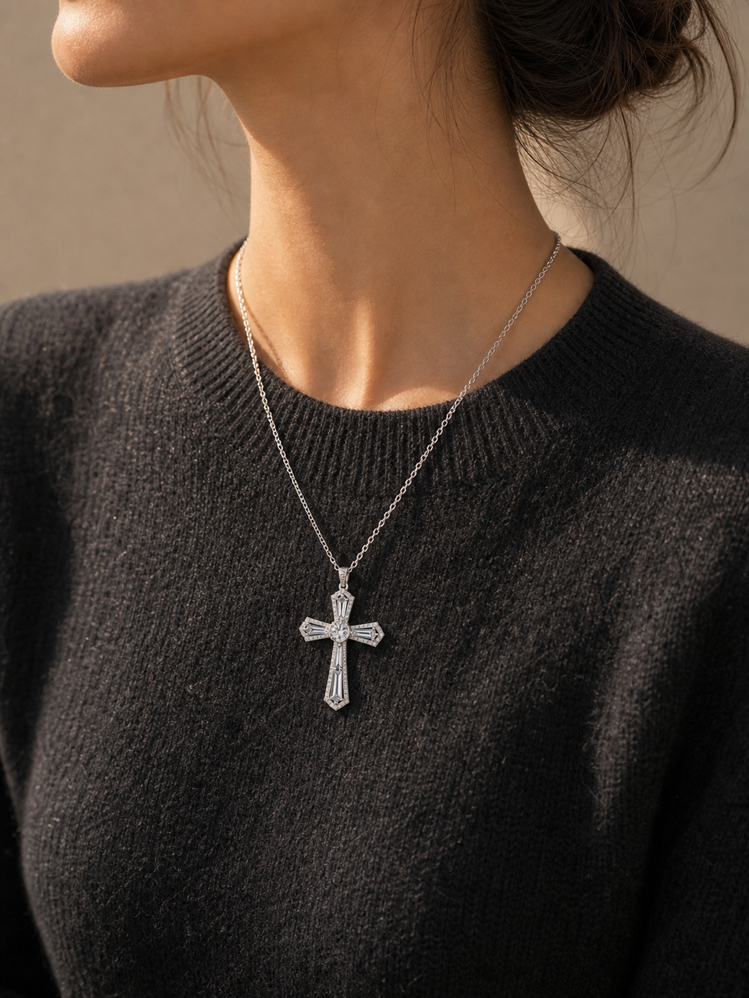 Silver-Tone Crystal Cross Pendant Necklace product photo view 3
