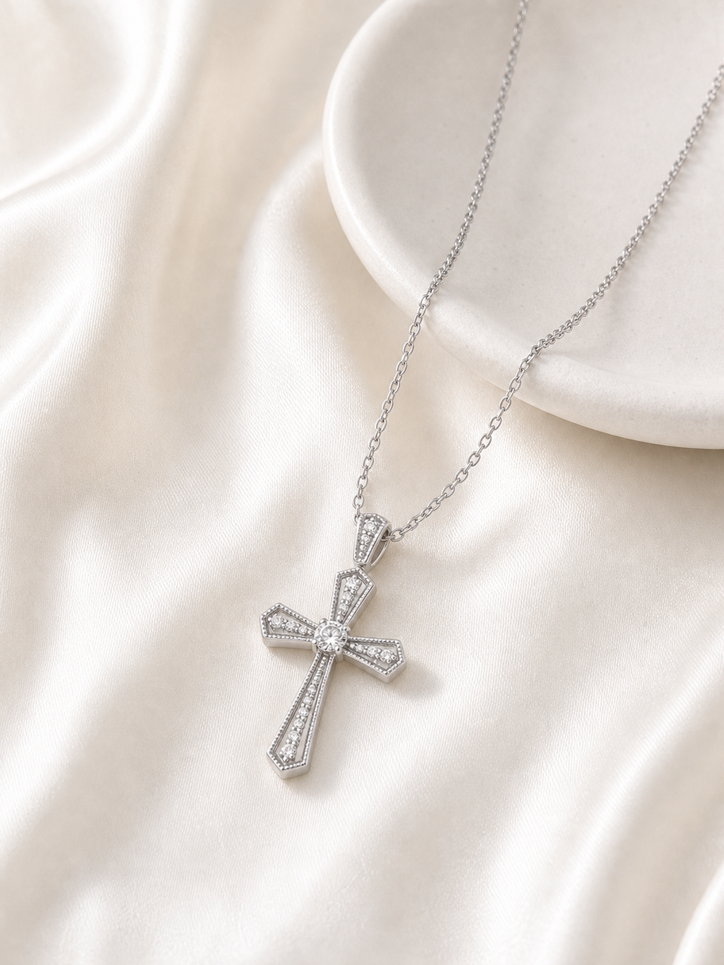 Silver-Tone Crystal Cross Pendant Necklace product photo view 4