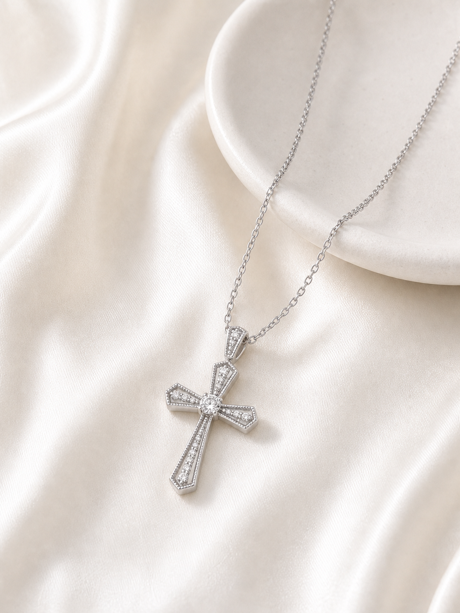 Silver-Tone Crystal Cross Pendant Necklace product photo view 4