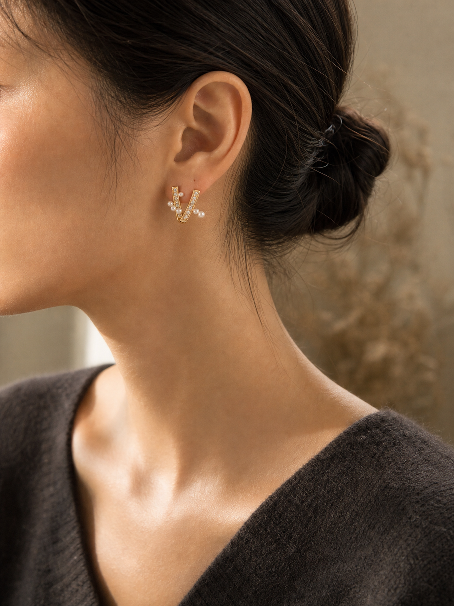 Gold-Tone Pearl-Look V Stud Earrings product photo view 3