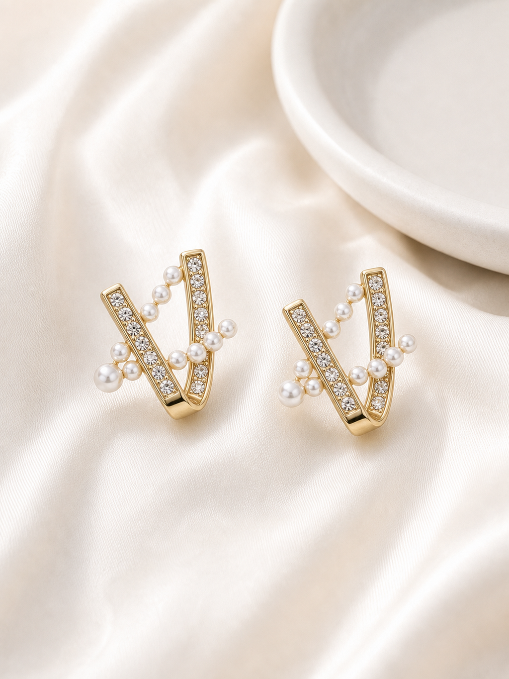 Gold-Tone Pearl-Look V Stud Earrings product photo view 4