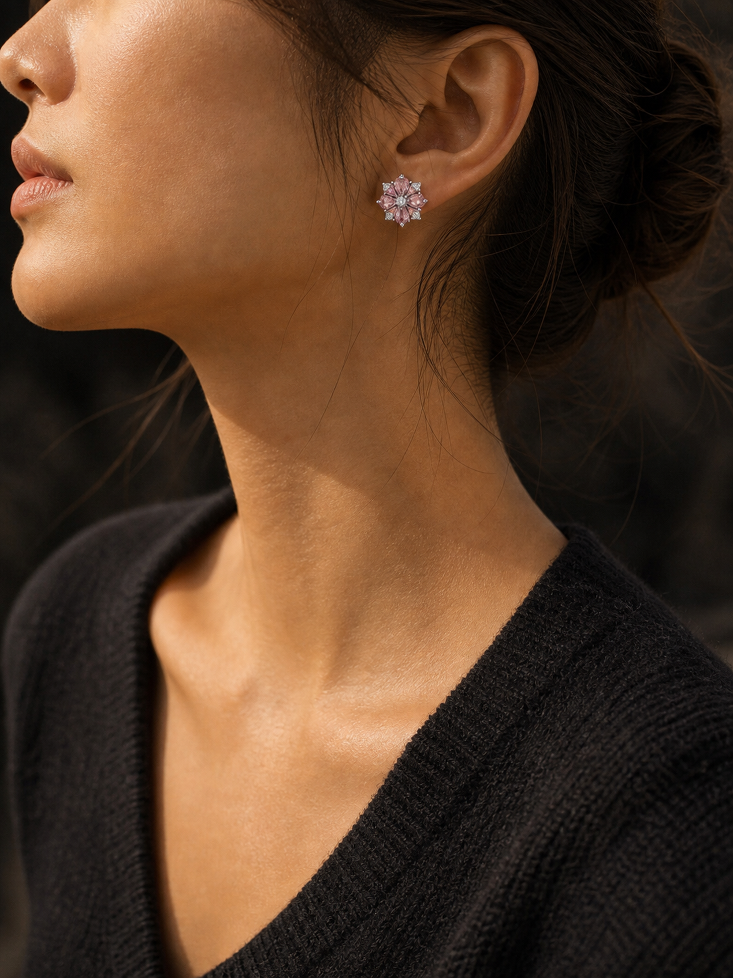 Pink Crystal Flower Stud Earrings product photo view 3