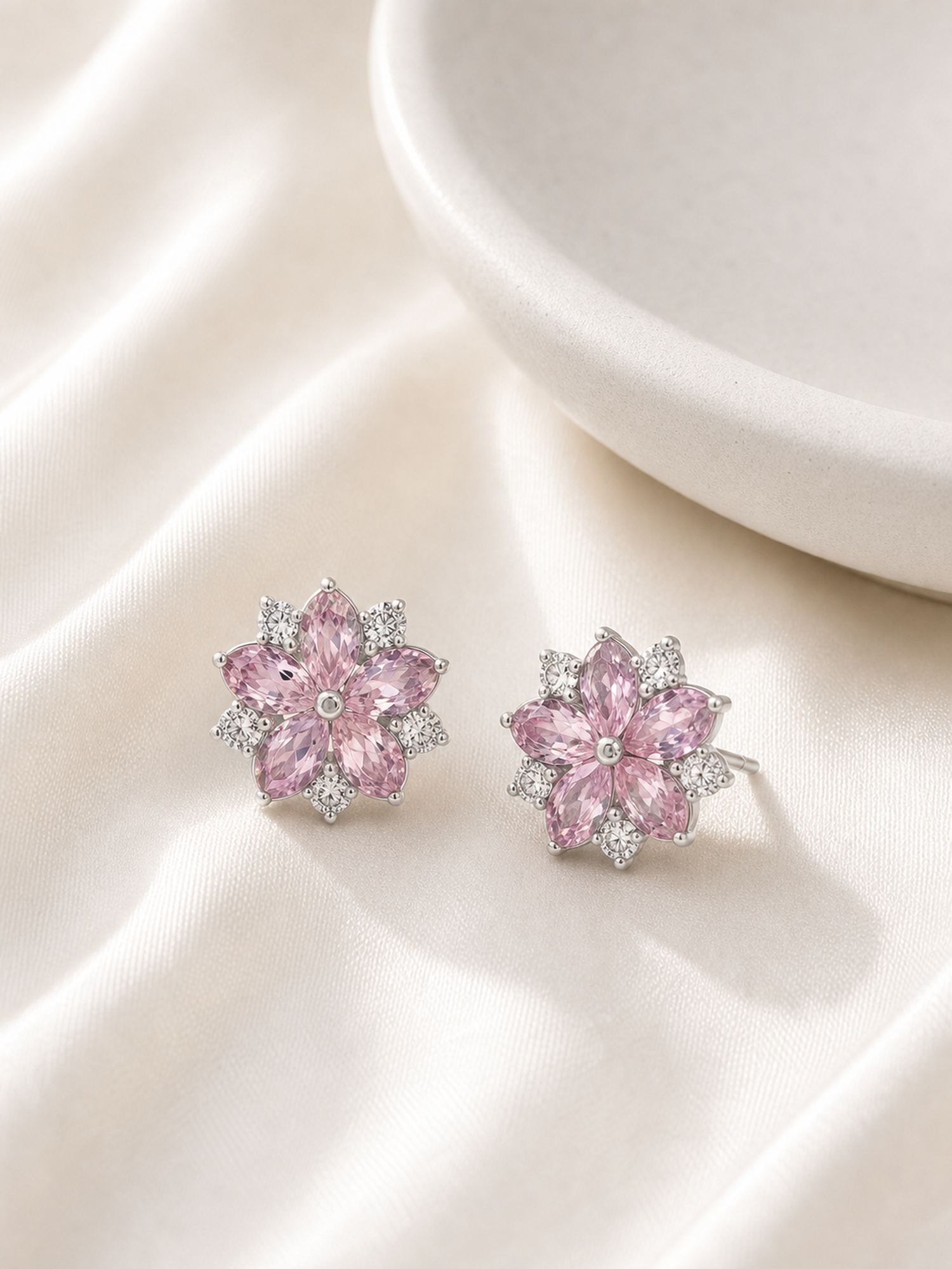 Pink Crystal Flower Stud Earrings product photo view 4