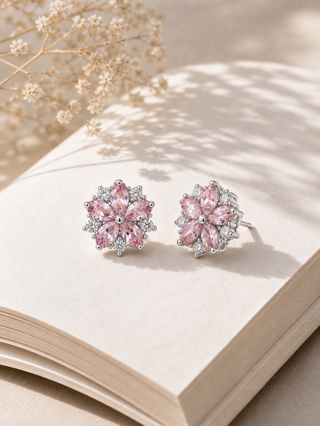 Pink Crystal Flower Stud Earrings product photo view 5
