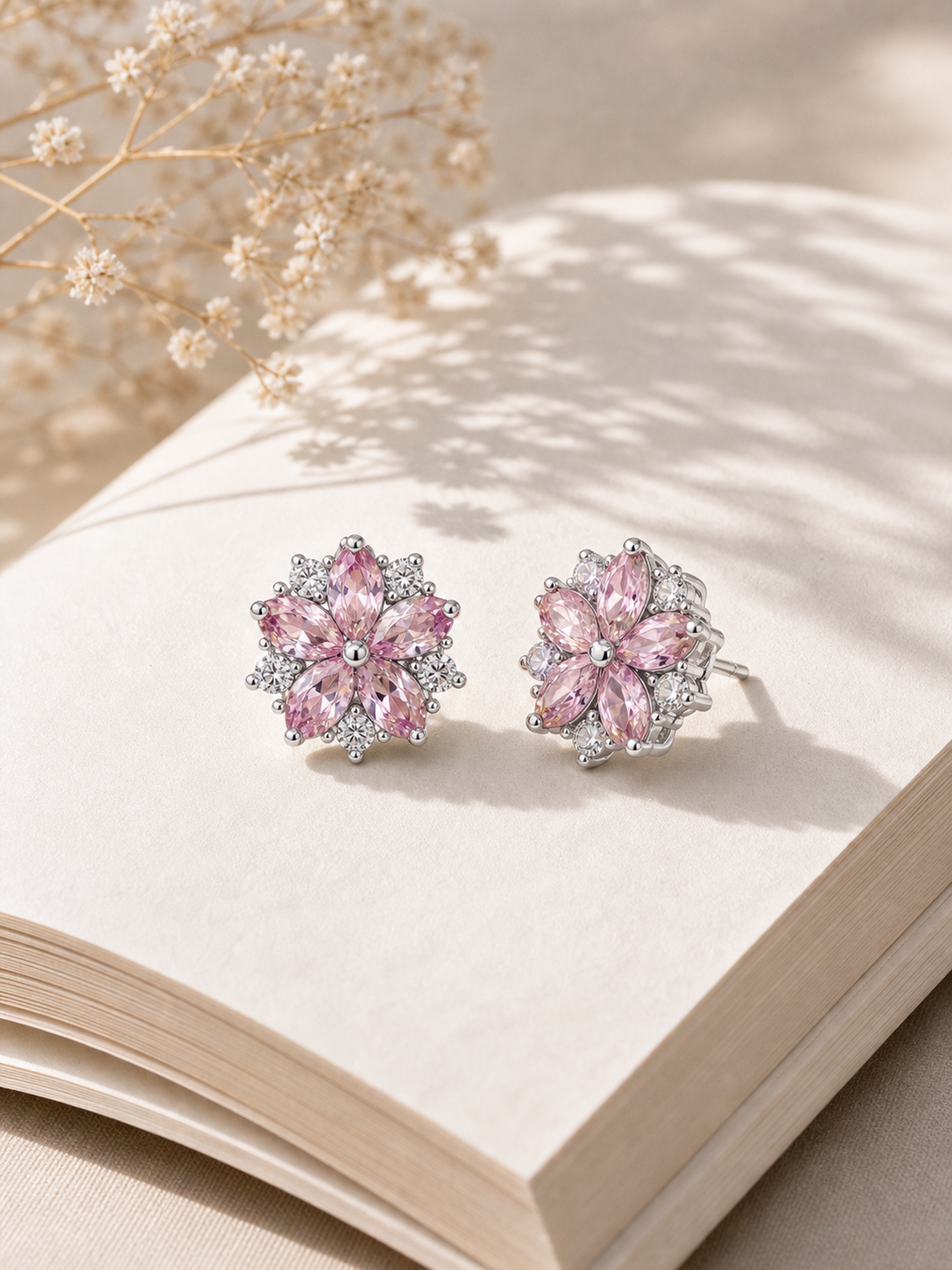 Pink Crystal Flower Stud Earrings product photo view 5