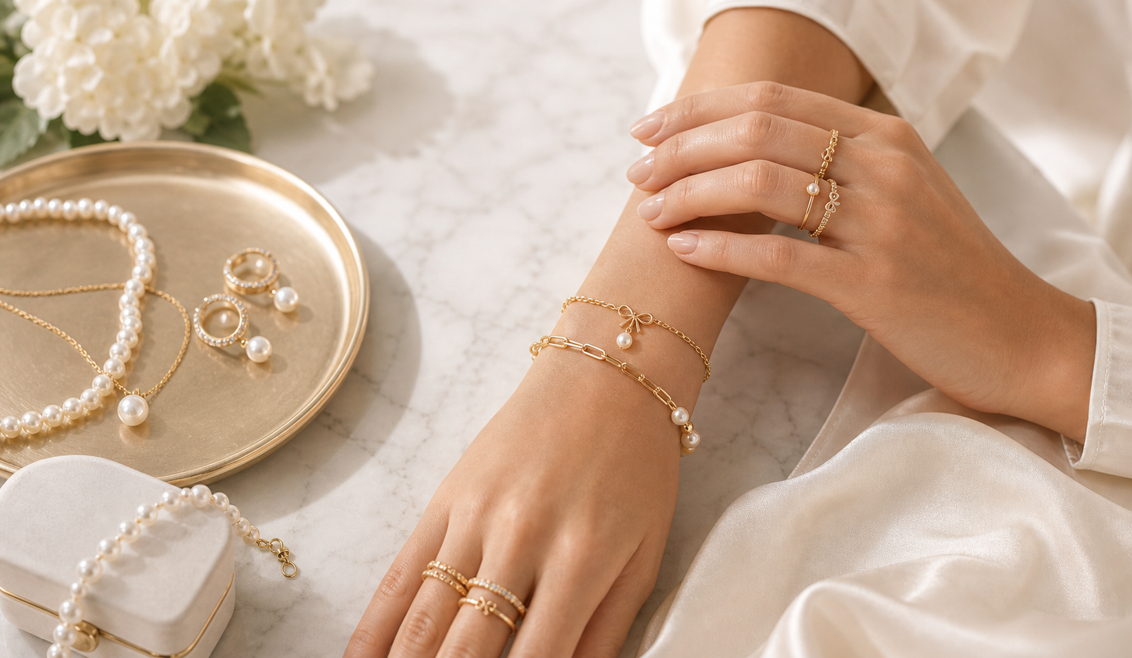 Hands styled with pearl bracelets and gold rings
