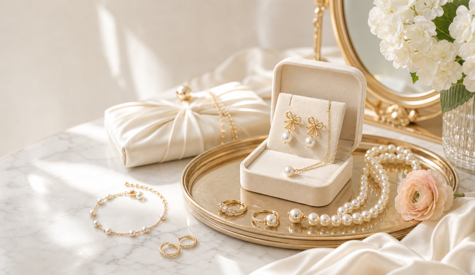 Pearl and gold jewelry arranged on a tray with flowers